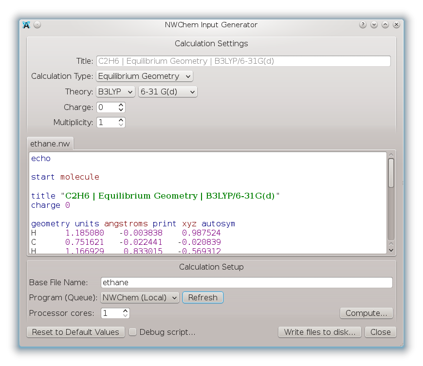 Avogadro 2 NWChem input generator with syntax highlighting