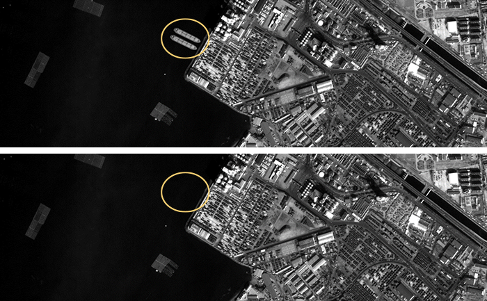 satellite view of a harbor with top picture has boats and bottom picture does not