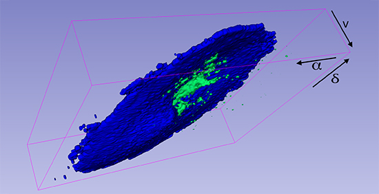 SlicerAstro displays NGC2403 HI data from the Things survey. The blue segmentation represents a tilted-ring model of the regularly rotating disk, which 3D Barolo automatically fit to the data [11]. The green segmentation highlights the part of the data that the most-suitable model does not represent.