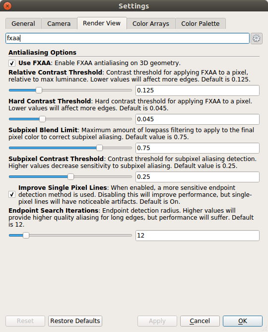 Configuration Options for tweaking FXAA in ParaView.