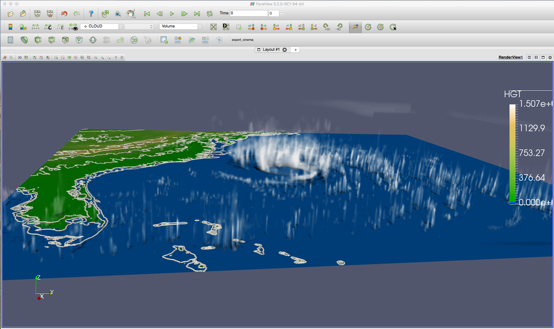 ParaView and OSPRay render elevation and cloud data from the Hurricane Isabel challenge dataset from the 2004 IEEE Visualization Conference (VIS).