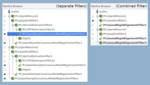 Comparison of simple and combined filter workflow in ParaView pipeline browser.