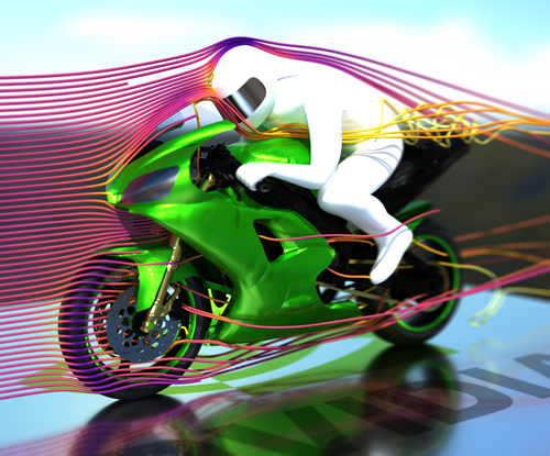 Motocycle rider with computer graphics surrounding the bike