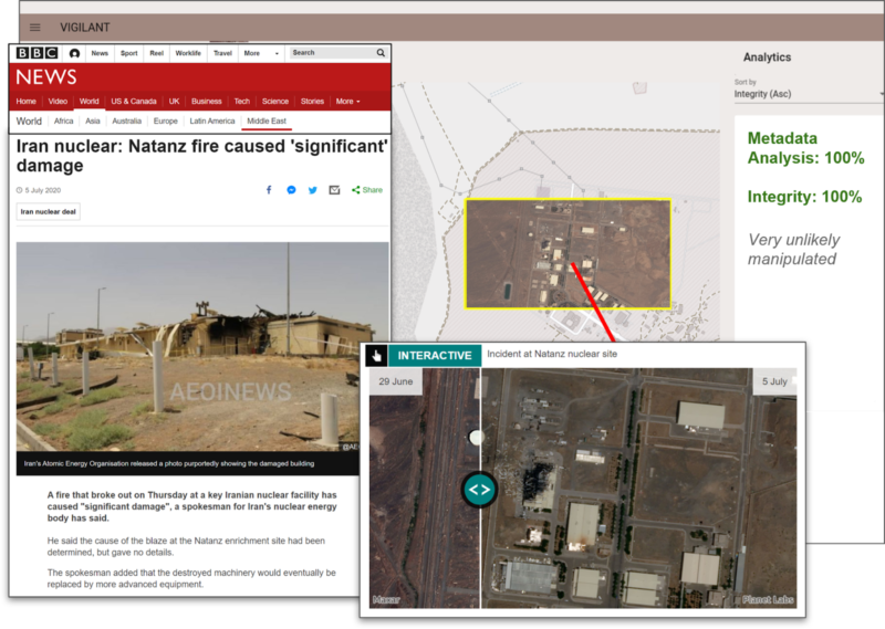 Screenshot of an article about a nuclear fire with a satellite image next to it that does not indicate a fire