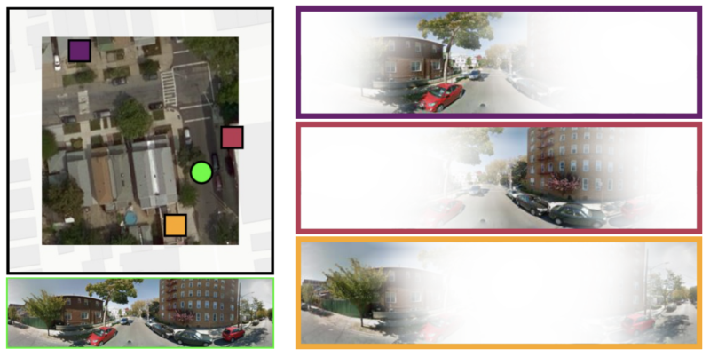 We introduce a novel neural network architecture that uses geospatial attention in the setting of near/remote sensing. Our approach operates on an overhead image and a set of nearby ground-level panoramas, enabling optimal feature extraction for a query location (square) from each ground-level image (circle) in a manner that is “geometry-aware.”