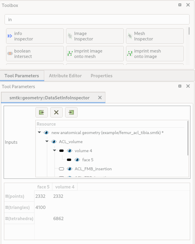 This image shows the operation toolbox at top and the new "info inspector" parameter-editor beneath. The input parameter is  tree view of selectable components followed by a table with the requested information.