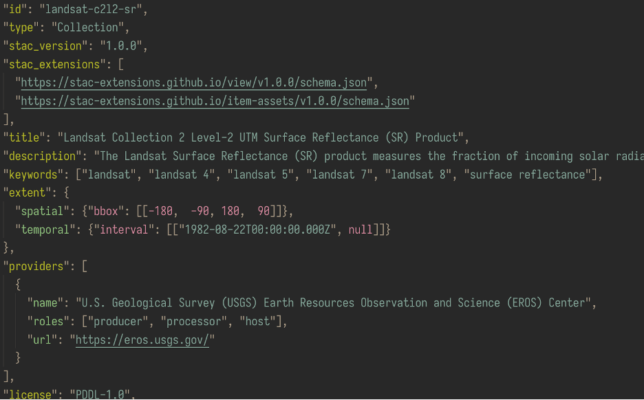 A snippet of a STAC Collection, part of the STAC specification code