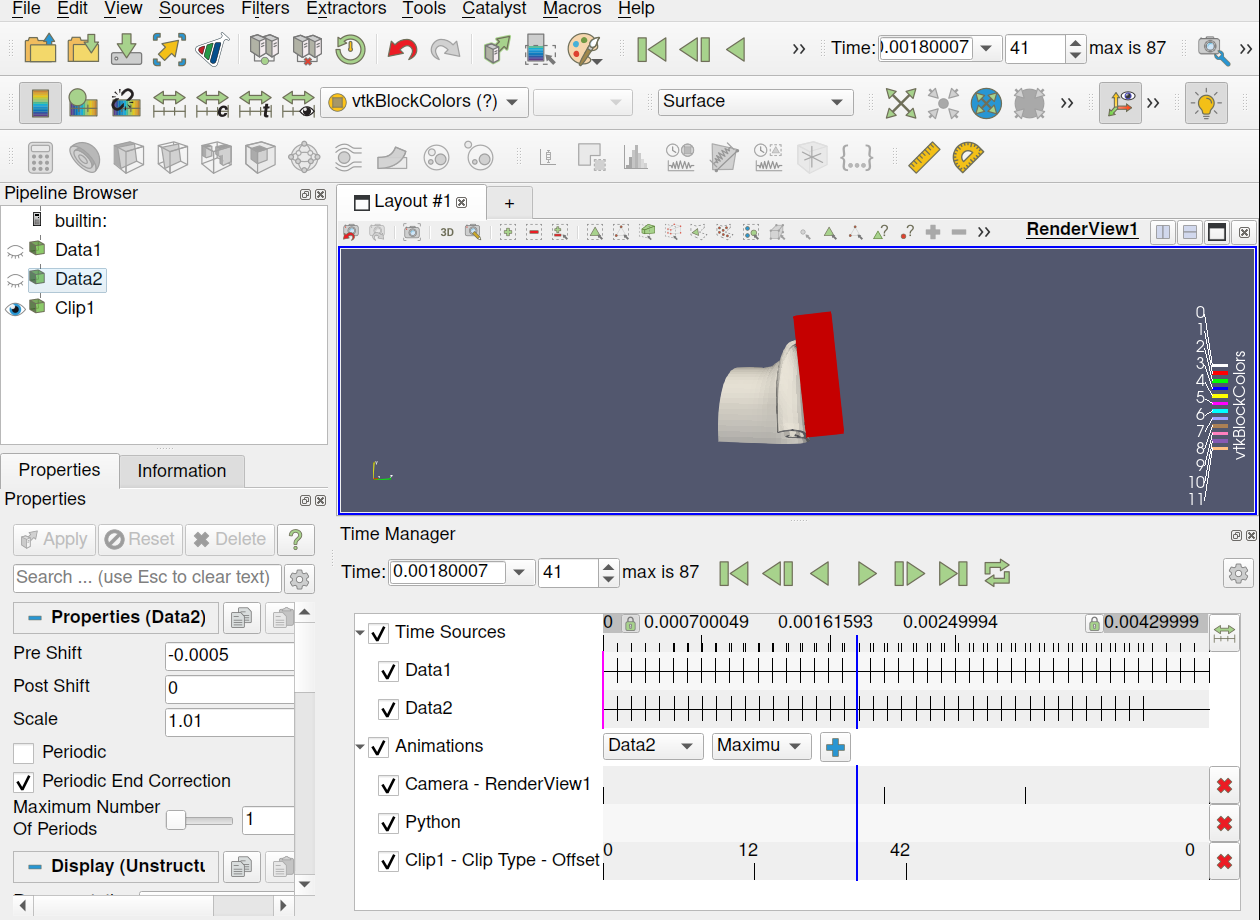 ParaView interface with time manager configured with temporal and animation tracks