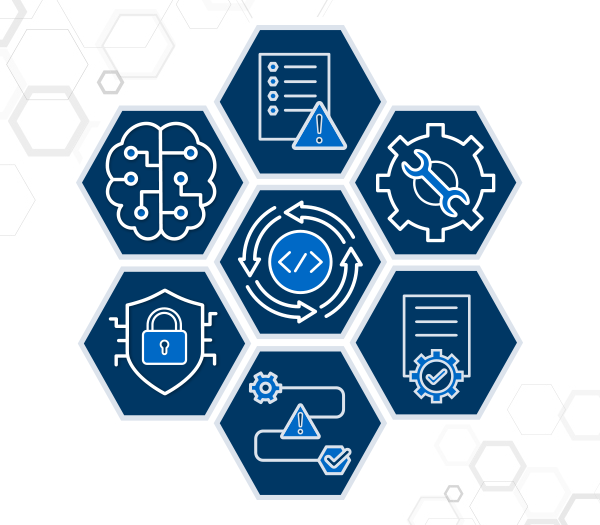 7 Hexagons with icons inside them representing Config manage, cybersecurity, issue tracker, risk manage, software process, and software manage