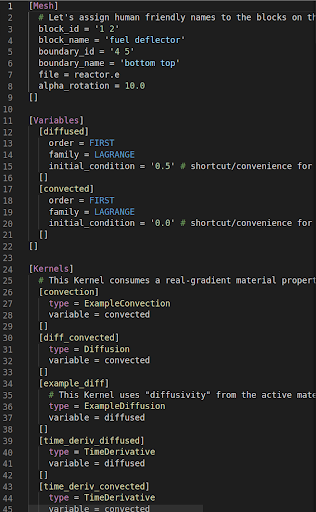 Figure 1: An example MOOSE input file. Brackets denote blocks, which are groupings of parameters. For example, the mesh block configures aspects of the mesh. This mesh comes from a file, reactor.e. Blocks can have sub-blocks. For example, the Variables block has no parameters, just sub-blocks.