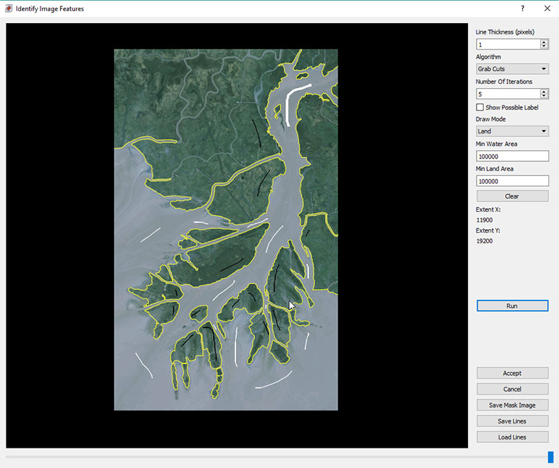 Fig. 5: Boundary extraction of Atchafalaya Louisiana created using CMB operations based on computer vision techniques. Input was GeoTiff data courtesy of Engineer Research and Development Center, US Army Corps of Engineers