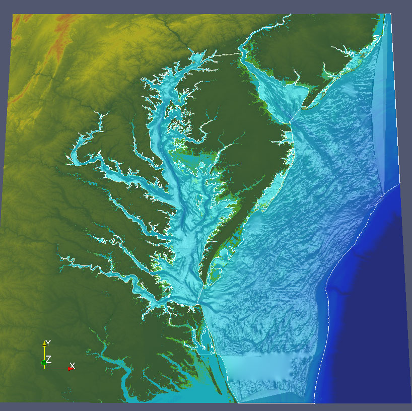 4: Surface model of Chesapeake and Delaware Bays created using CMB based on DEM data. Data courtesy of Engineer Research and Development Center, US Army Corps of EngineersSurface model of Chesapeake and Delaware Bays created using CMB based on DEM data.