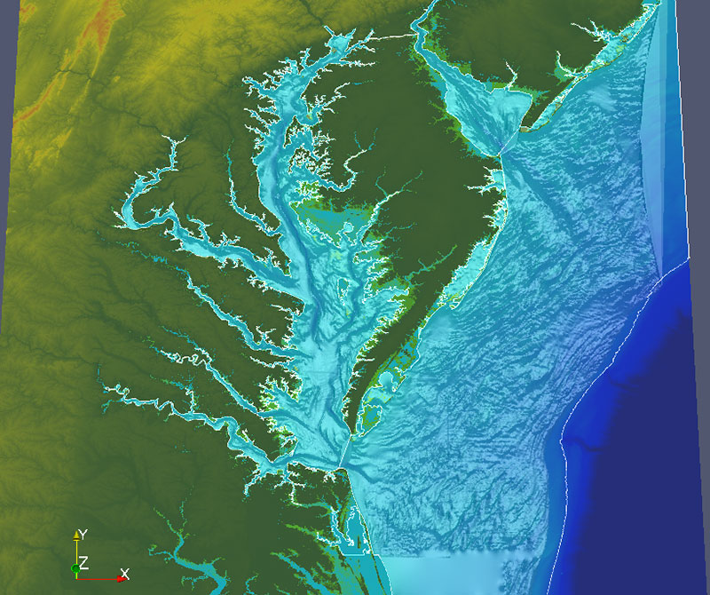 Fig. 4: Surface model of Chesapeake and Delaware Bays created using CMB based on DEM data. Data courtesy of Engineer Research and Development Center, US Army Corps of EngineersSurface model of Chesapeake and Delaware Bays created using CMB based on DEM data.