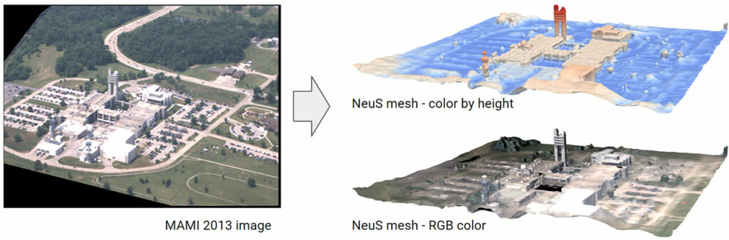Satellite image of buildigns and parking lots reconstructed into NeuS mesh