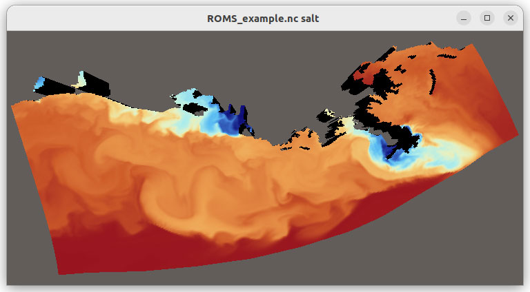 Figure 1: ROMs_example from xarray-data shows ocean salinity in the New Orleans area.