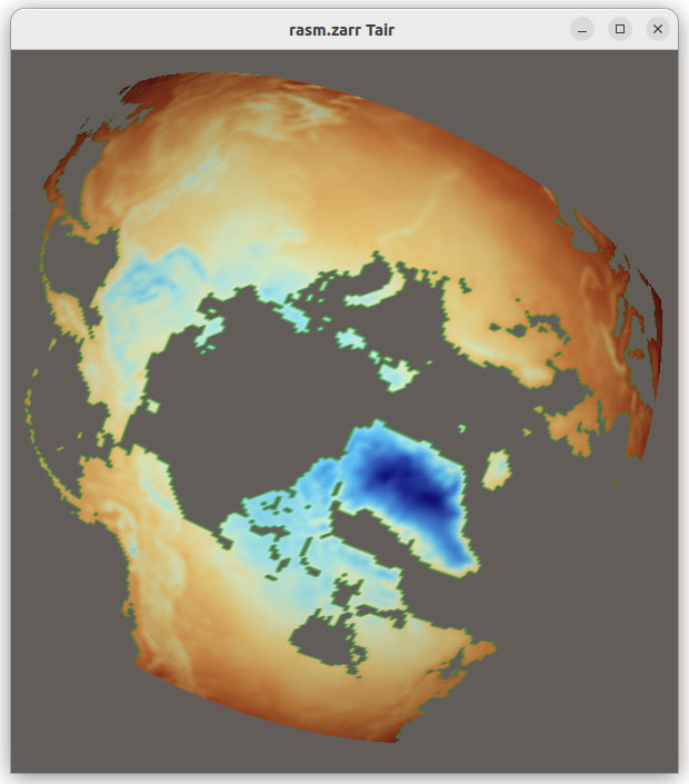 Figure 2: Grib, HDF5 CF Convention, Zarr and COG files visualized in VTK using XarrayCFReader. The images show from left to right, top to bottom: eastward wind component for the entire earth, 2 meter resolution temperature in Kelvin over UK and Ireland; Surface air temperature in Celsius for Africa; and land usage map around Lake George, NY.