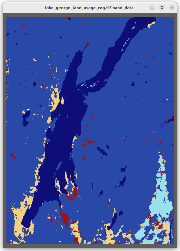 Figure 2: Grib, HDF5 CF Convention, Zarr and COG files visualized in VTK using XarrayCFReader. The images show from left to right, top to bottom: eastward wind component for the entire earth, 2 meter resolution temperature in Kelvin over UK and Ireland; Surface air temperature in Celsius for Africa; and land usage map around Lake George, NY.
