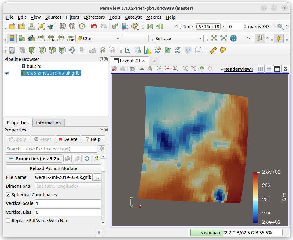 Figure 3: GRIB file from xarray-data shown in ParaView