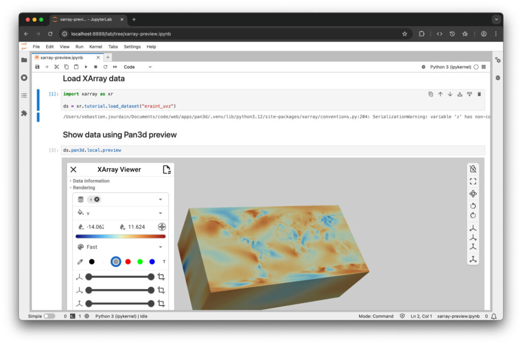 Figure 4: Xarray preview viewer as Xarray accessor within Jupyter Lab with the eraint_uvz dataset from the Xarray tutorial using the rendering capability of the browser by using VTK.wasm.