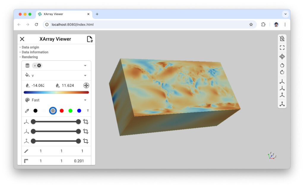Figure 5: Xarray preview viewer running as standalone with the eraint_uvz dataset from the Xarray tutorial using remote rendering.