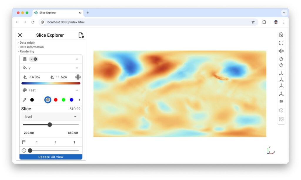 Figure 6: Xarray slicer lets you cut your data along any axis and either look at your data in 3D or 2D.