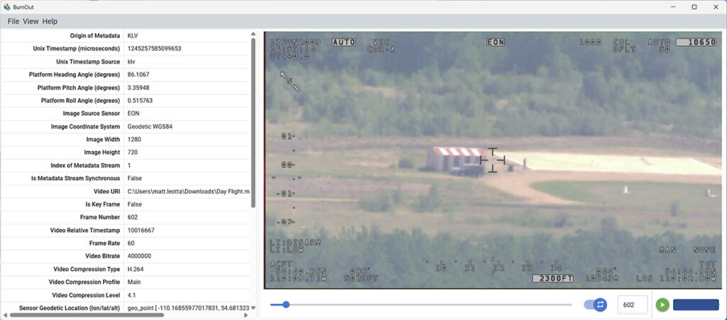 Screenshot of software called BurnOut showing some settings and video