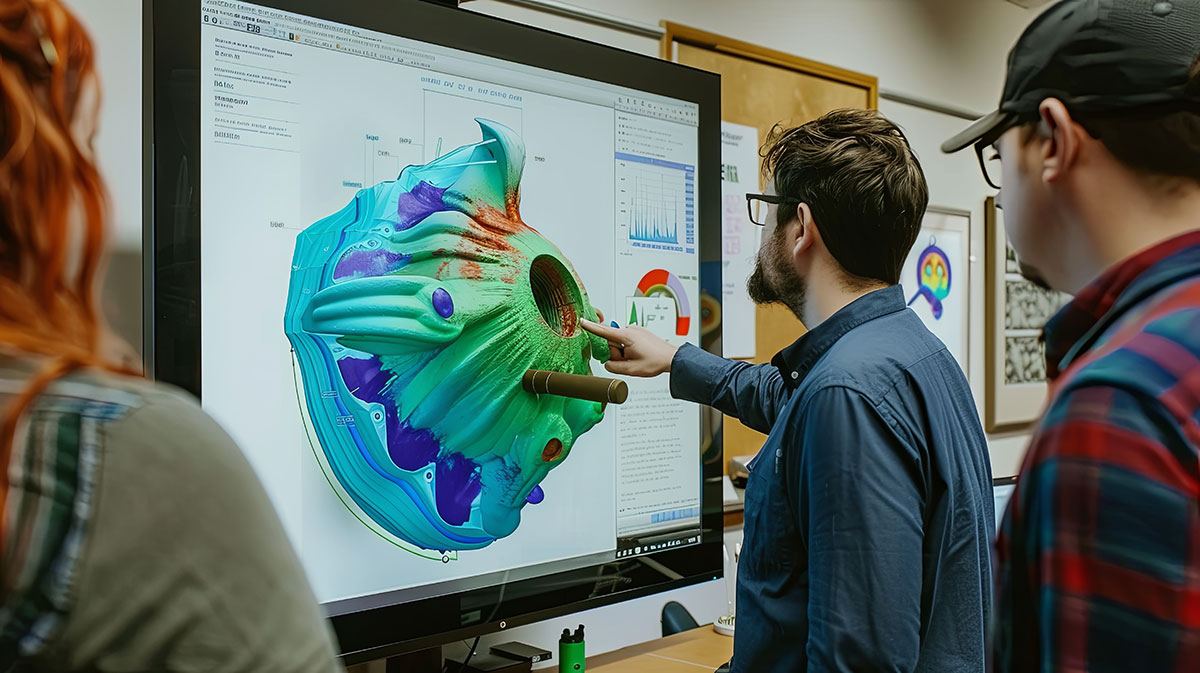 Team around a computer looking at a simulation