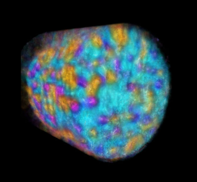 Example of multivariate volume visualization of a mixed ionic electronic conductor (MIEC) imaged using x-ray fluorescence microscopy. The ionic conductor phase, which is high in cerium, can be seen in light blue. The electronic phase, which is high in iron and cobalt, can be seen in yellow. And the emergent phases, which are high in gadolinium, can be seen in purple.