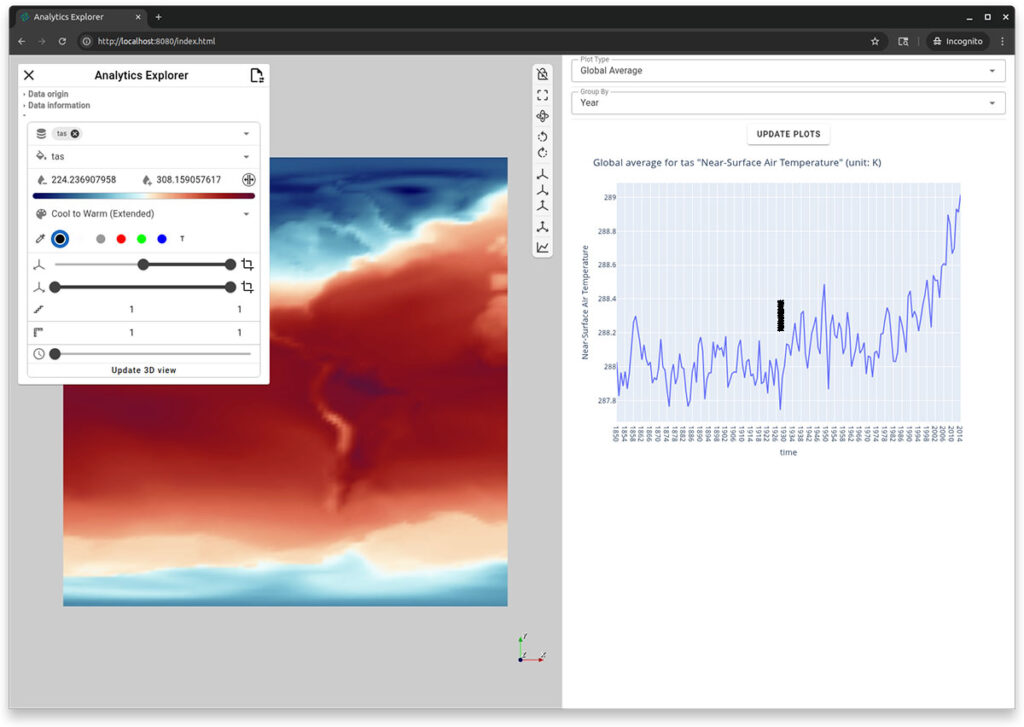 Figure 1. The Analytics Explorer (top) shows a 3D visualization and a linked plot of the global average near-surface air temperature from 1850 to 2024. The plot updates interactively based on spatial selection (e.g., North and South America) and temporal filters. The Globe Explorer (bottom) presents the same data on a globe with additional latitudinal filtering for the torrid zone.