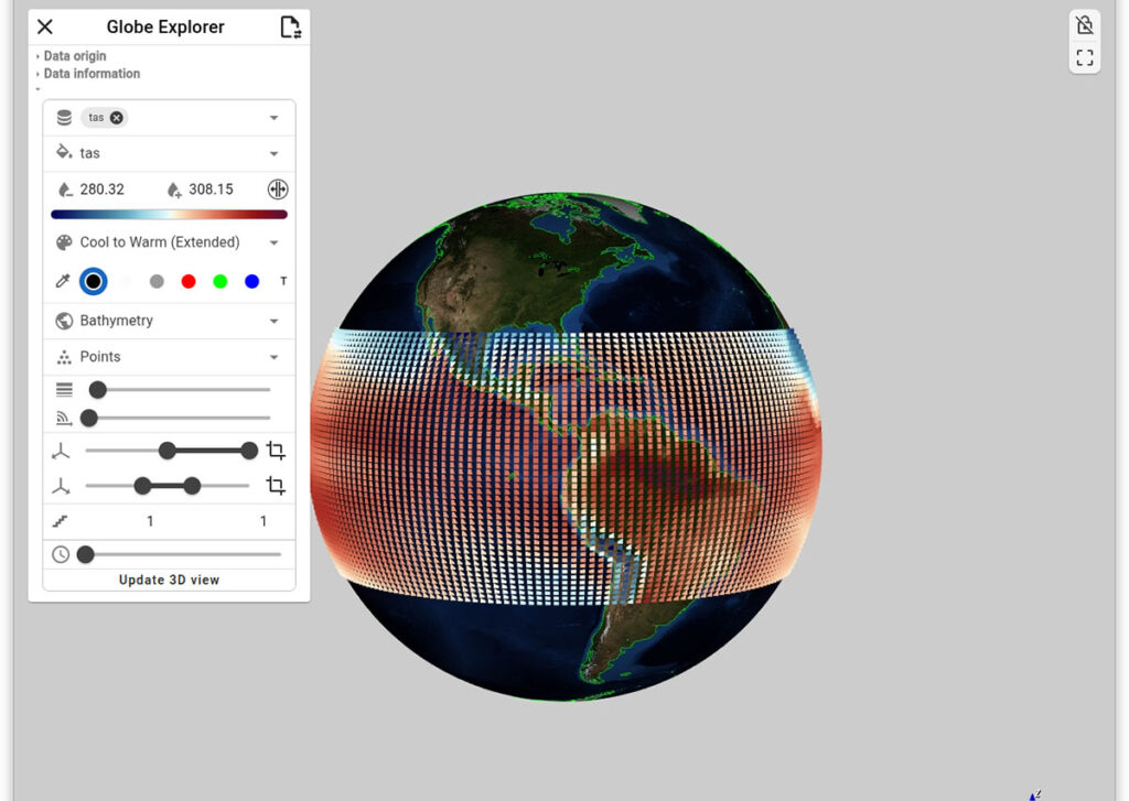 Figure 1. The Analytics Explorer (top) shows a 3D visualization and a linked plot of the global average near-surface air temperature from 1850 to 2024. The plot updates interactively based on spatial selection (e.g., North and South America) and temporal filters. The Globe Explorer (bottom) presents the same data on a globe with additional latitudinal filtering for the torrid zone.
