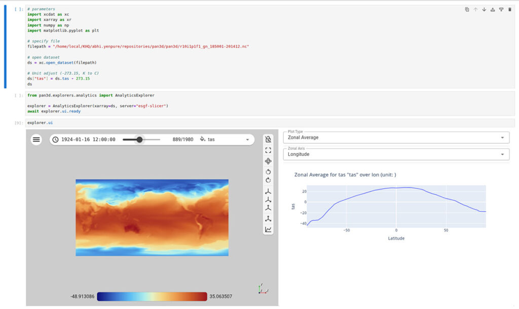 Figure 6. The Analytics Explorer inside JupyterLab, with the xarray dataset modified to convert surface temperature from Kelvin to Celsius.