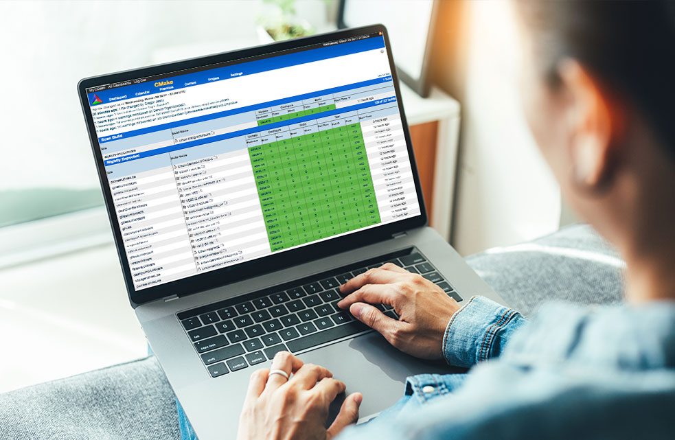 Person looking at laptop with CMake dashboard on the screen. 