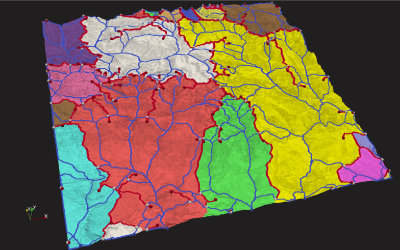 Topological analysis of terrain elevation is crucial for surface water workflows, such as estimating water runoff zones. This analysis allows for the identification and classification of critical points like peaks and pits, the segmentation of watershed boundaries, and the highlighting of ridges and valleys. These elements are essential for understanding the terrain