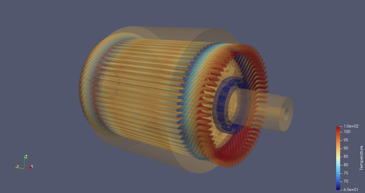 Live visualization of a drive train digital twin. Data from 30 temperature sensors on an electric motor are interpolated onto a digital twin model for live display in ParaView. This allows engineers from TotalEnergies to have direct access to a visualization showcasing the measured elements as it is running, and perform analysis and visualization within ParaView, either using the whole set of existing filters or even implementing their own. Platforms used: ParaView. More information at Build, Control and Run Digital Twins with ParaView.