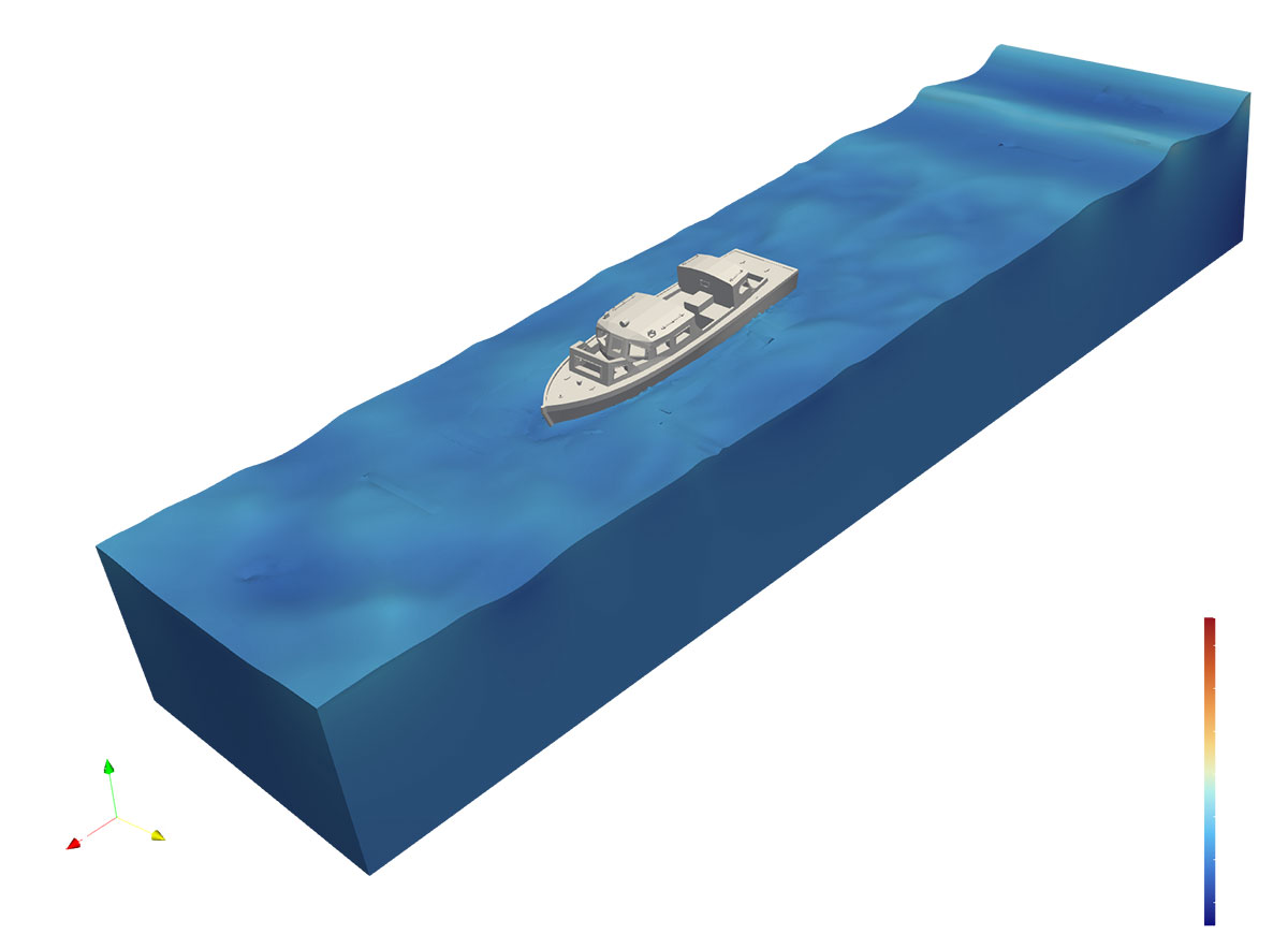 This figure shows an OpenFoam simulation of a boat inside a virtual wave tank. The application was created for Sandia National Laboratories