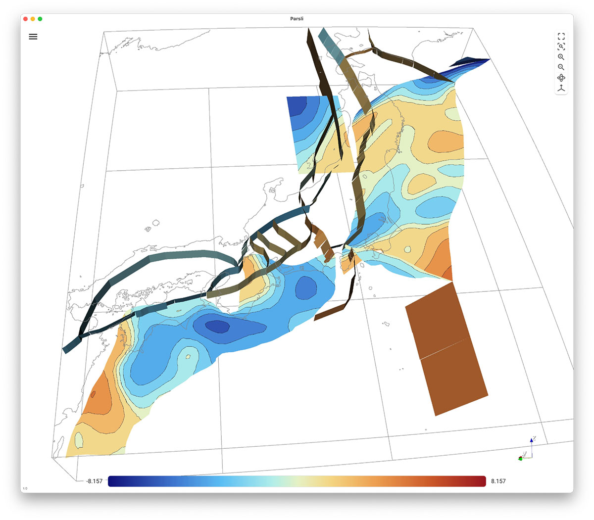 Parsli is a VTK-based viewer for fault system kinematics that enables rapid exploration and export of time-based animations. By leveraging advanced 3D graphics, interactive visualization, and high performance, we’ve transformed a workflow that once took days into one that now takes minutes—or even seconds—for initial validation and analysis. Its ease of use and installation has also encouraged the community to revisit past runs, uncovering phenomena that previously slipped through the cracks of the previous toolchain. Frameworks used: Trame, VTK