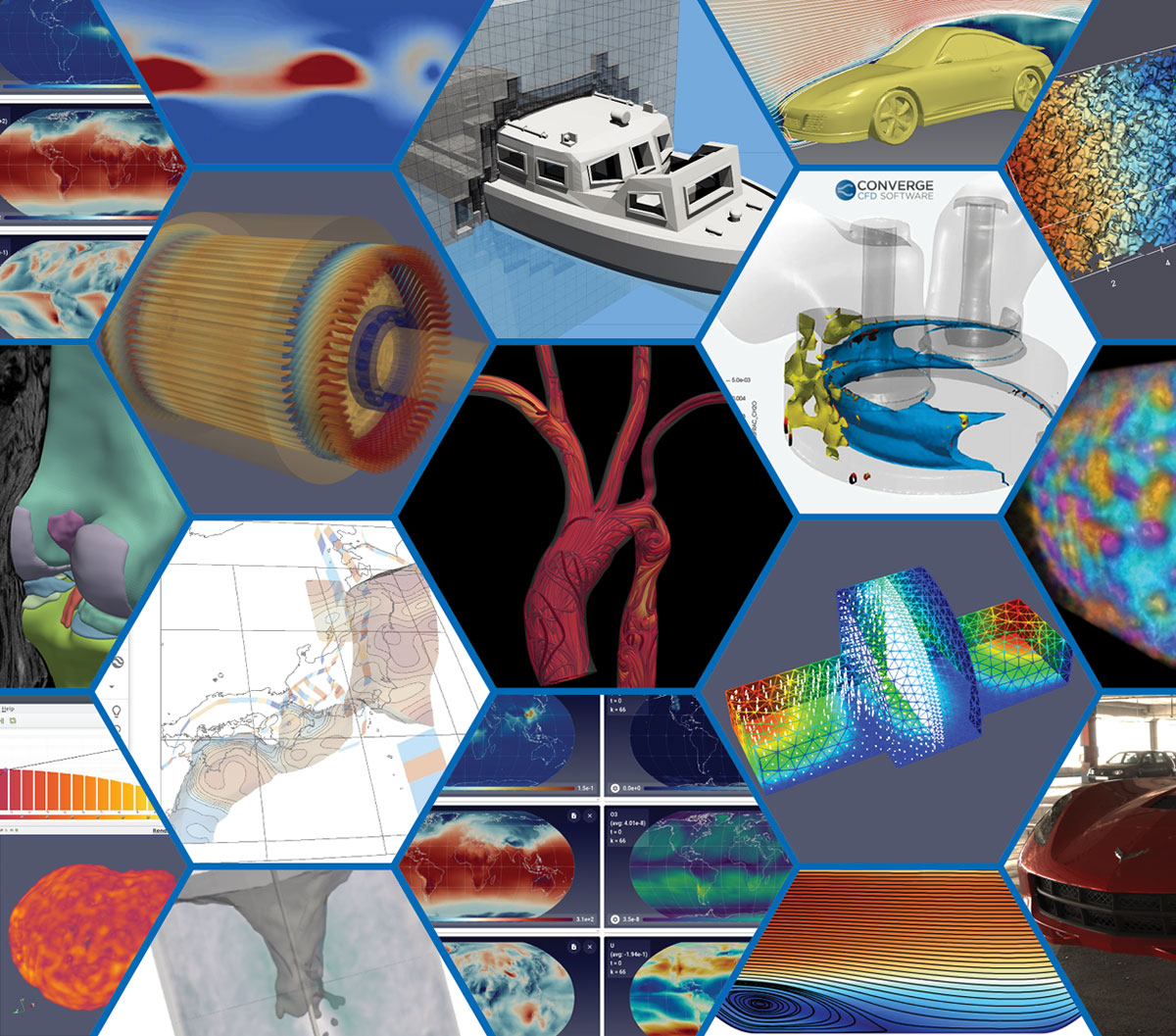 Screenshots of several scientific visualizations and simulations.