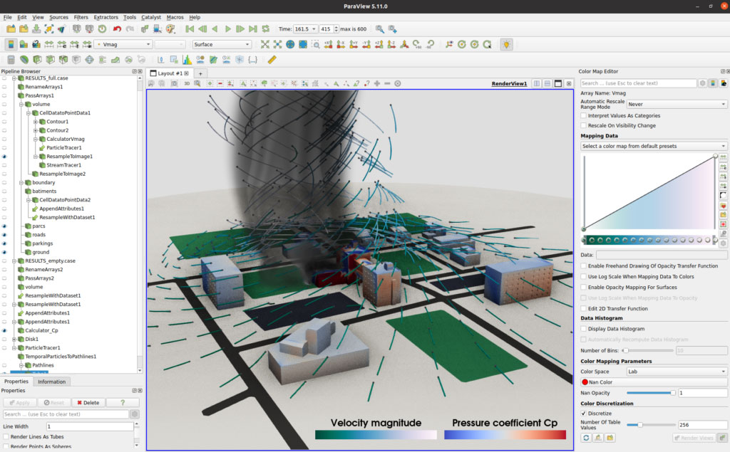 ParaView allows engineers to analyze complex CFD simulations, such as tornado effects on urban structures, with high-fidelity visualizations. Advanced filters and particle tracing enable the extraction of pressure coefficients, the tracking of airflow, and the efficient comparison of multiple scenarios. The result: interactive, high-quality insights from large, time-dependent datasets for wind engineering and beyond.