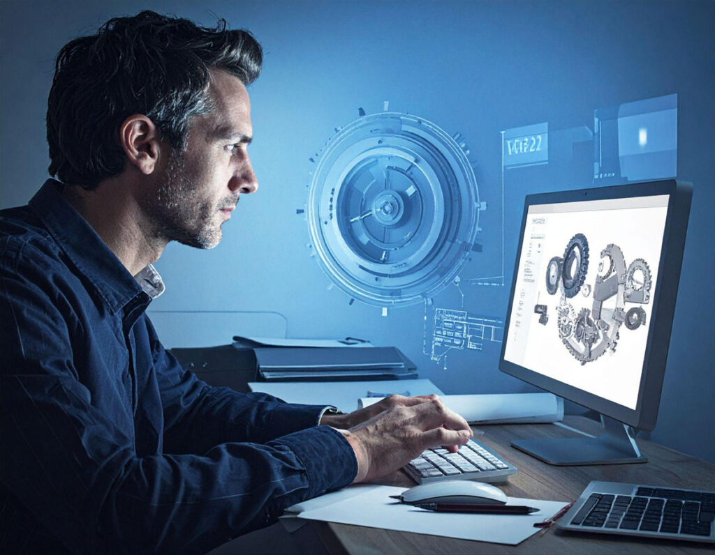 Person sitting in front of a computer with engineering items on it.