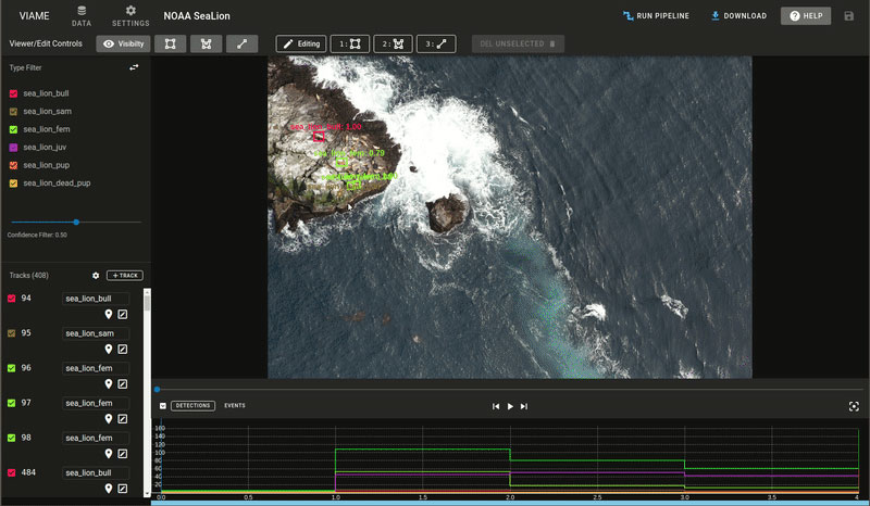 Screenshot of VIAME software showing ocean and rocks.