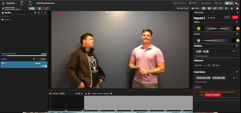 Terpsichore, a custom DIVE interface, enables annotation of whole frame attributes such as emotional valence and intensity throughout a conversation. The interface can present different annotation controls to different users (such as, marking frames that include cultural norm violations like interruptions or failures to apologize), allowing teams to efficiently divide work and create rich, high-quality datasets. This demonstrates how DIVE can be customized for complex social and behavioral research, supporting both AI development and human training programs.