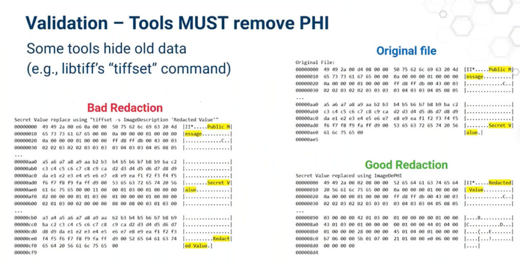 Some tools replace undesired metadata by just adding the new value to an existing file; while it might be hard to see the old value, examining the file will show that it is still there. ImageDePHI meticulously rewrites files to ensure that old data is truly removed and only approved metadata is present.