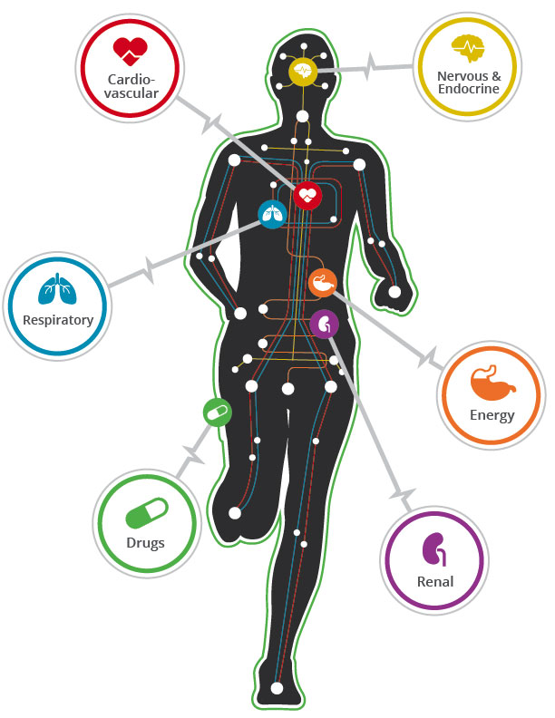 Silhouette of a person running with icons point out important parts of the body.