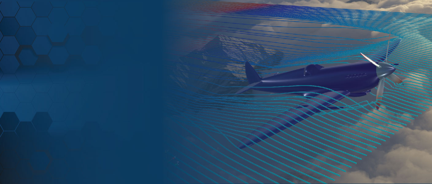 Visualization of an airplane with wind around it.