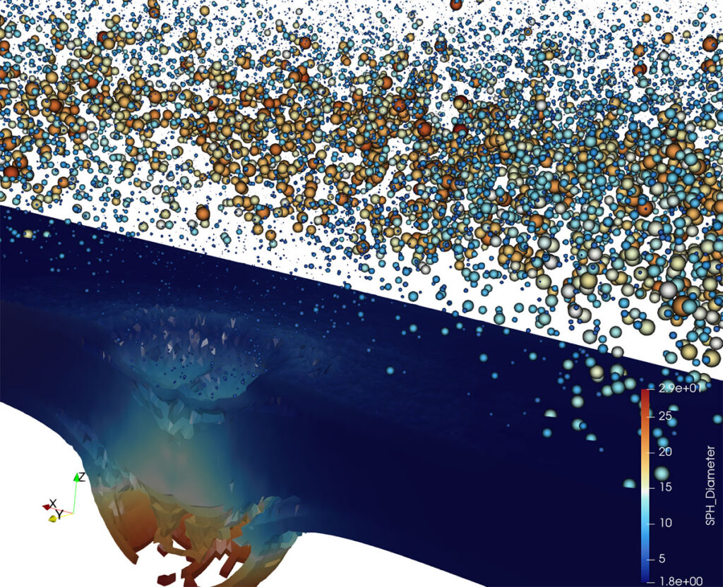 Figure 3: Explosion dataset resampled to 10% of the original, represented as spheres; the diameter and color vary using the “SPH Diameter” point field.
