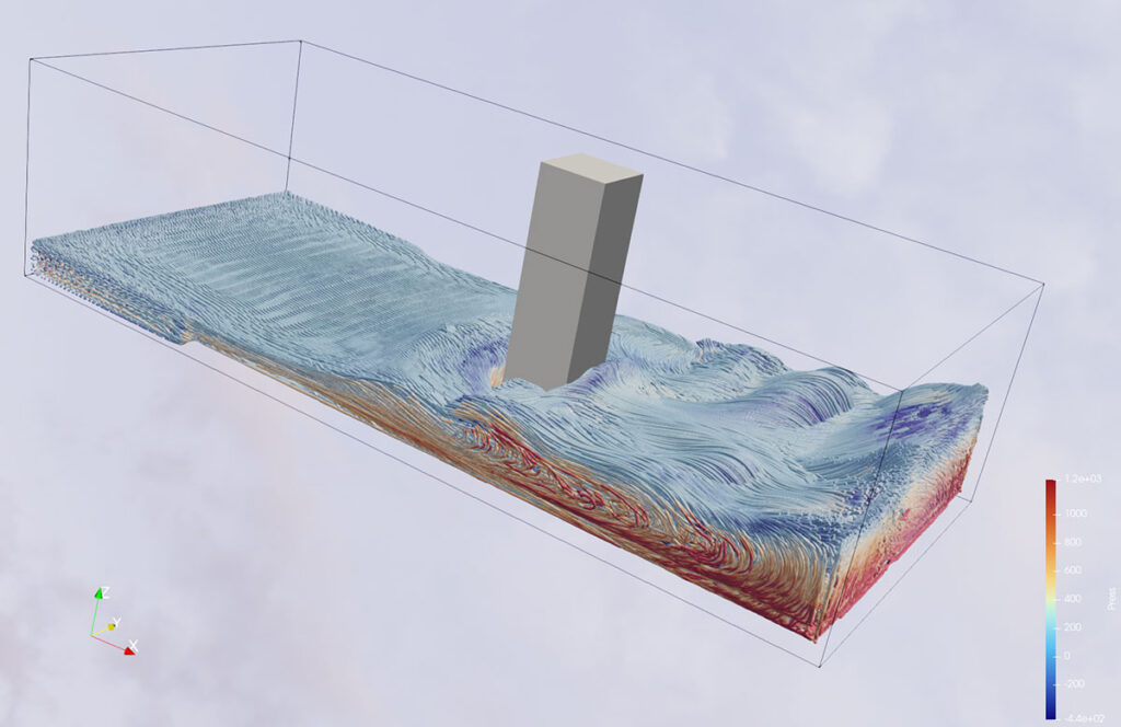 Figure 4: Particle trajectories over time represented as tubes colored by velocity vector magnitude, rendered using ParaView’s pathtracing module.