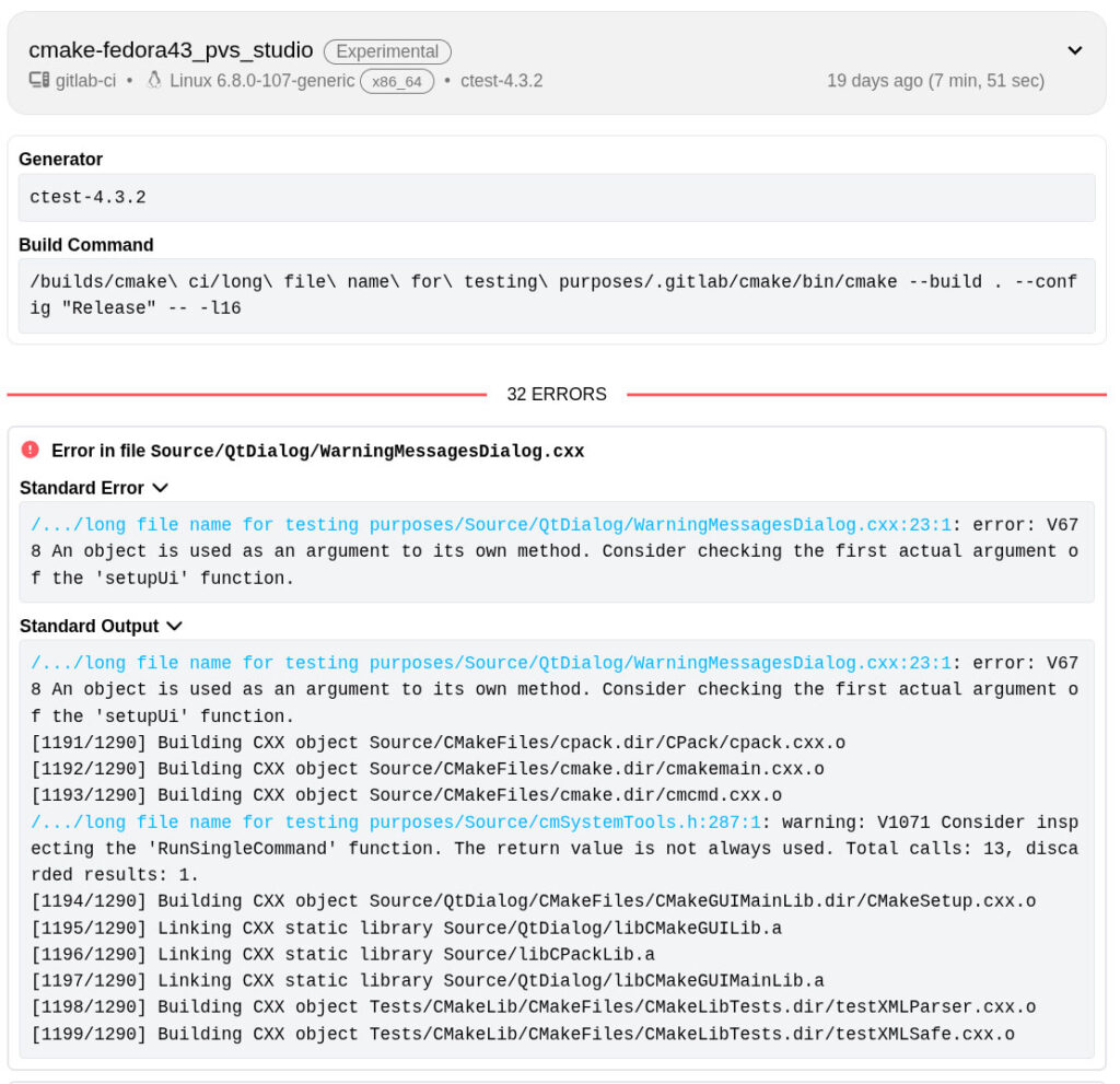 Screenshot of CDash dashboard showing errors.