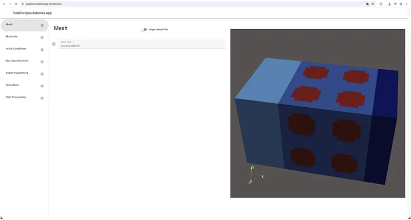 Users can either define an initial battery geometry from scratch or import a .vtr file directly to visualize it.