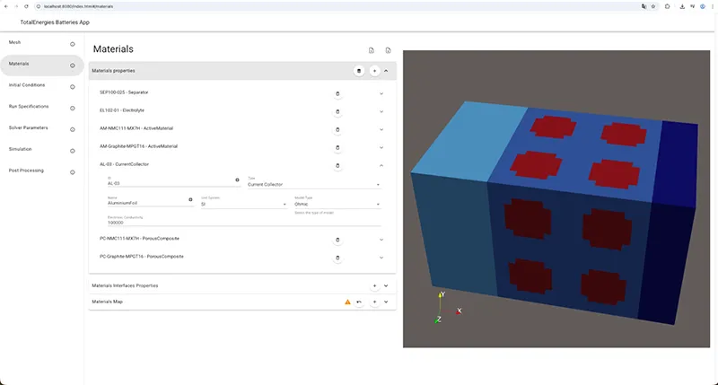 Users can define materials that compose the initial battery with specific properties for each of them.