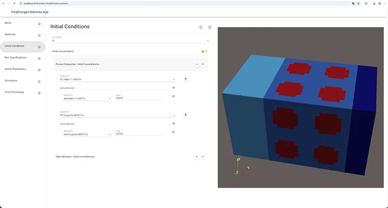 Once the battery physical properties are defined, users can define initial conditions of active materials.